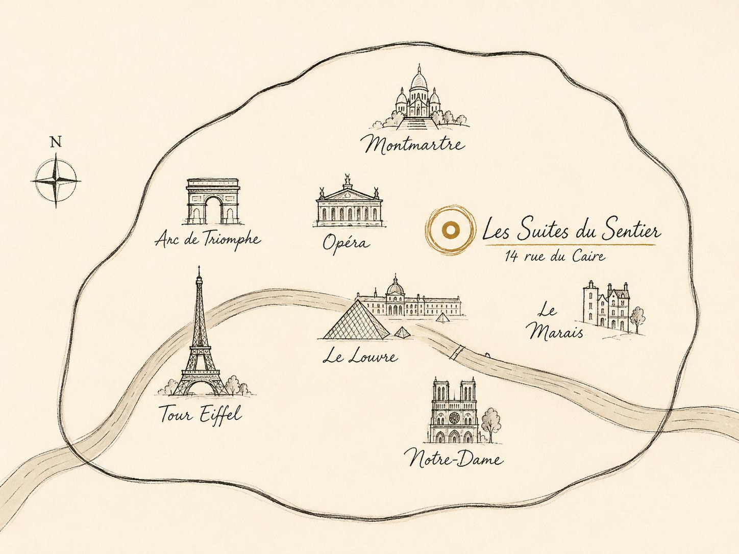 Mapa ilustrado de París que sitúa Les Suites du Sentier, 14 rue du Caire, entre la Ópera, el Louvre y el Marais