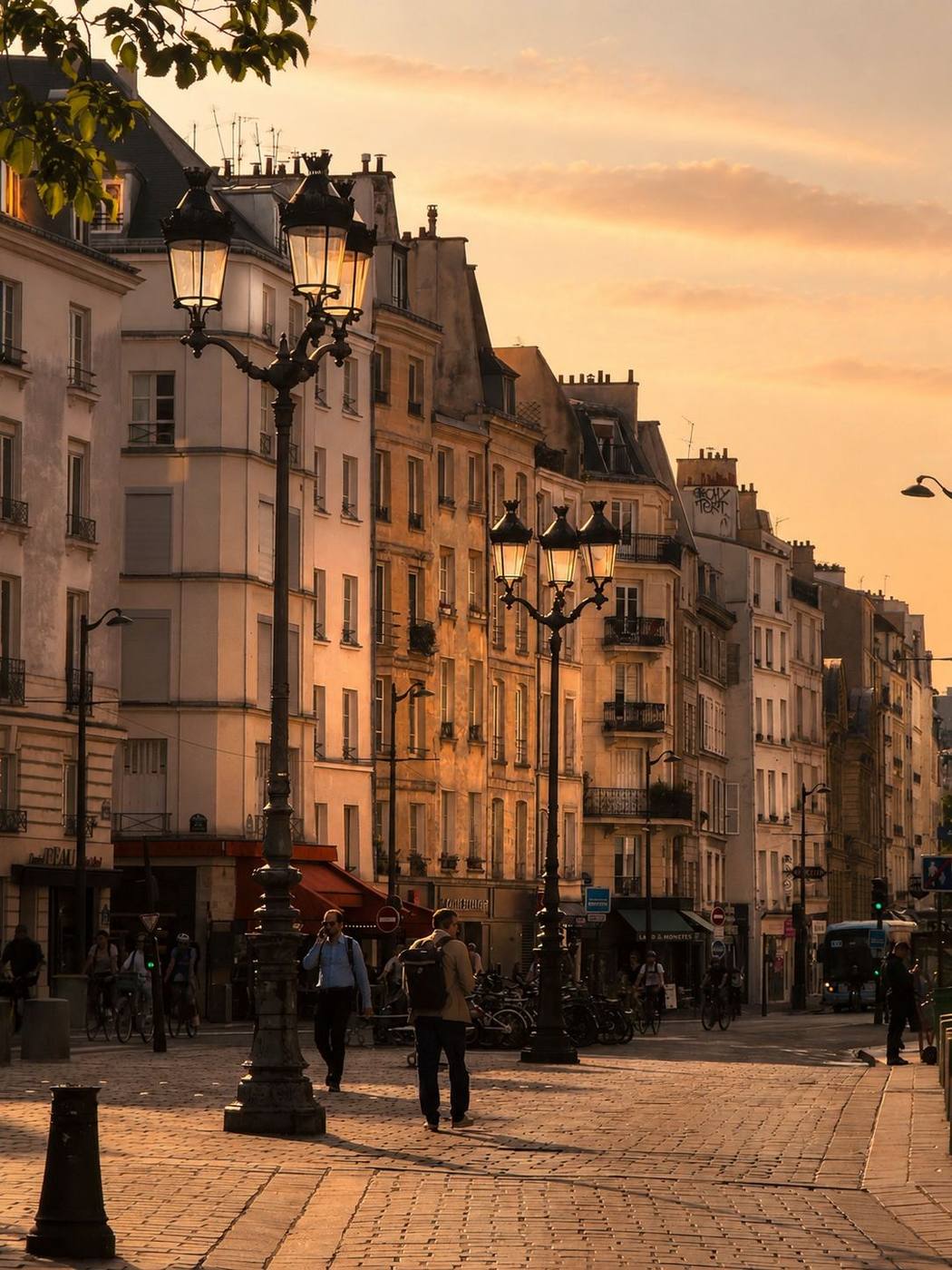 Una plaza adoquinada del Marais al atardecer, farolas y fachadas parisinas