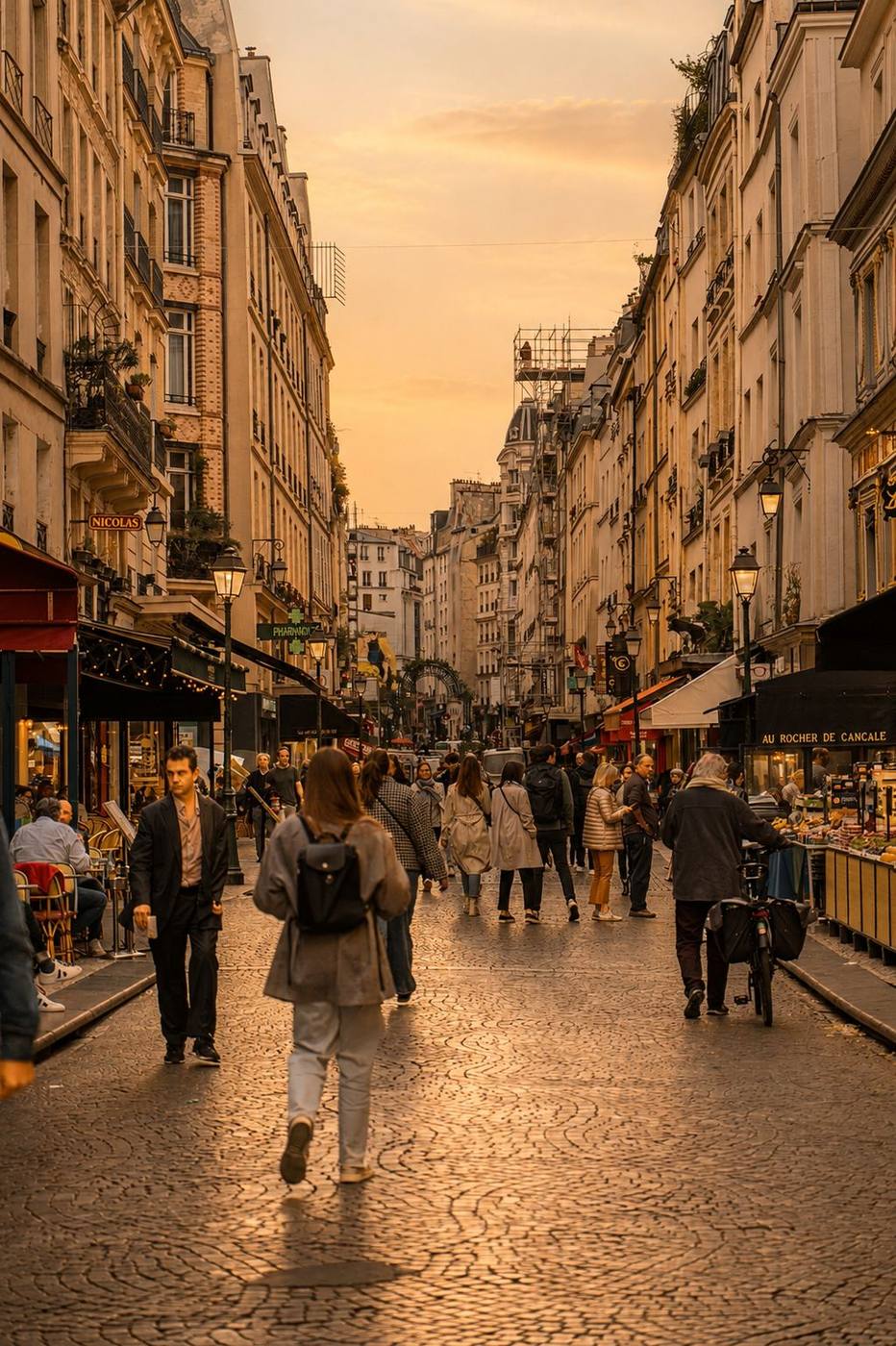 La rue Montorgueil al final del día, terrazas y tiendas de alimentación